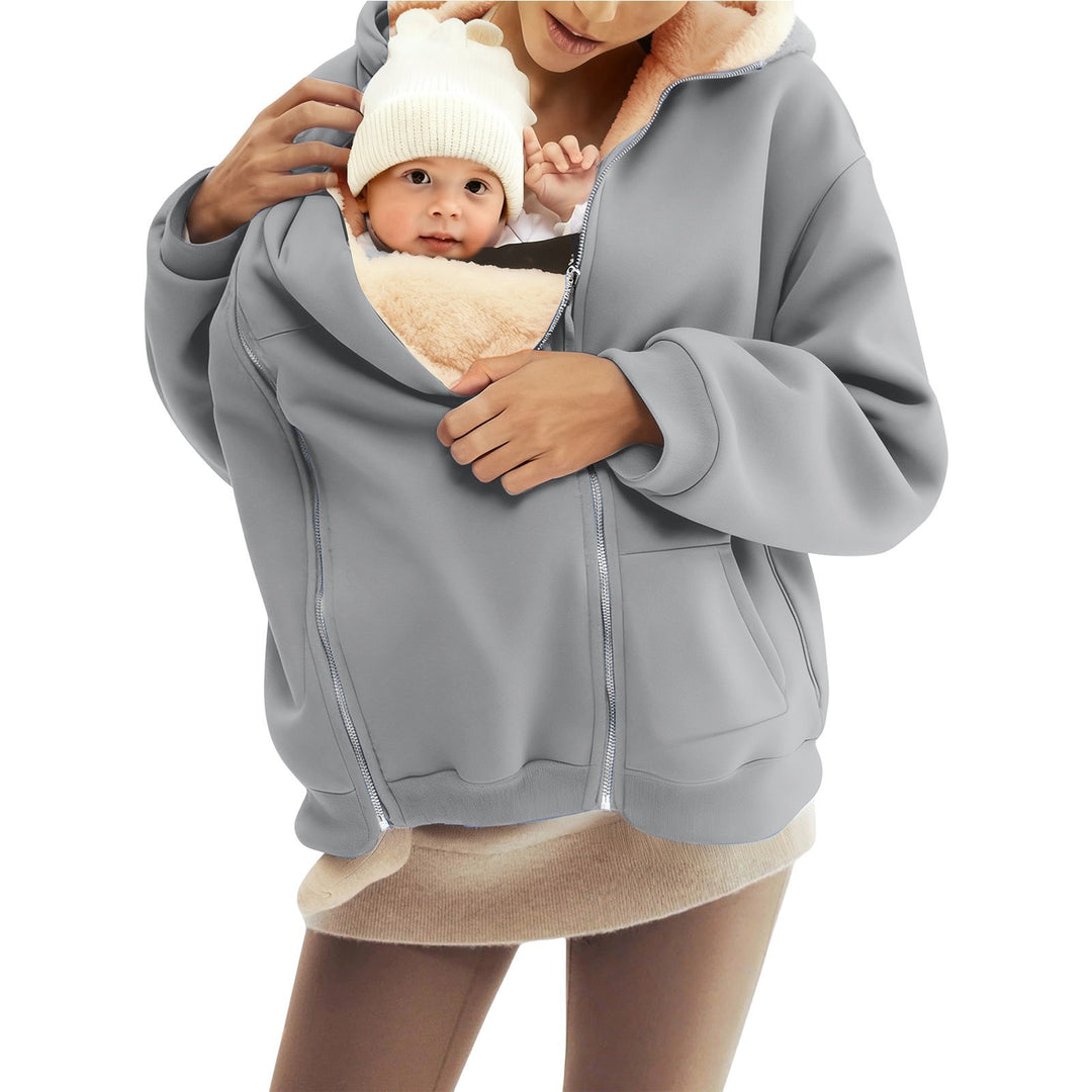 Women nan baby carrier hoodie with teddy lining and two-way zipper Mune Fashion