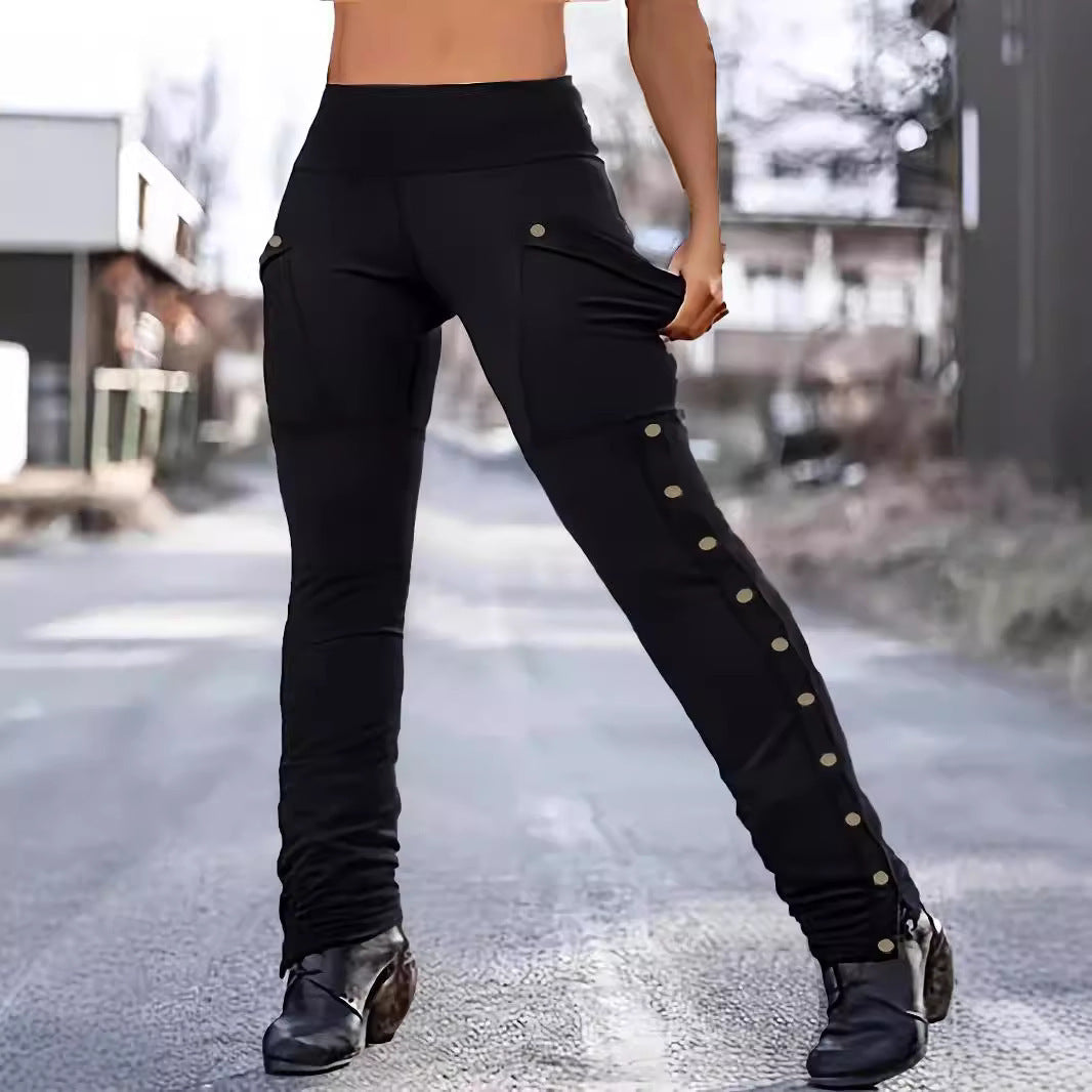 Women's High-Waist Cargo-Leggings with Snap Button Detail and Slim Leg Mune Fashion
