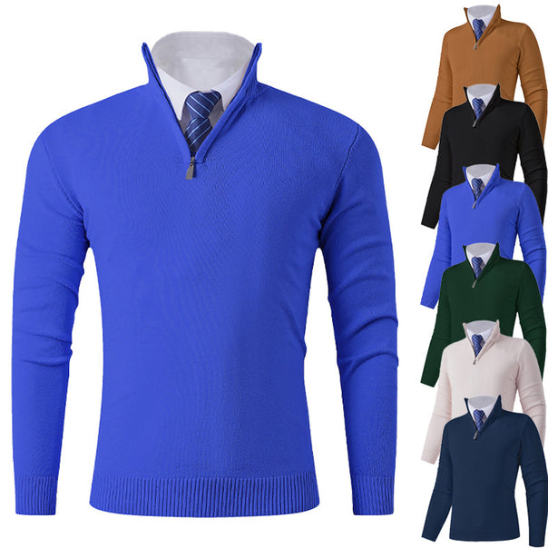 Men's Elegant Fine Knit Half Zip Sweater with Stand-Up Collar, Ribbed Hem and Slim Silhouette Mune Fashion