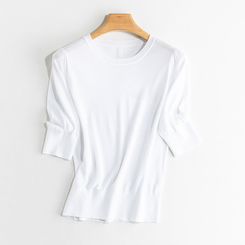 Women's fine knit top with 3/4 balloon sleeves, ribbed hem and chest piping Mune Fashion