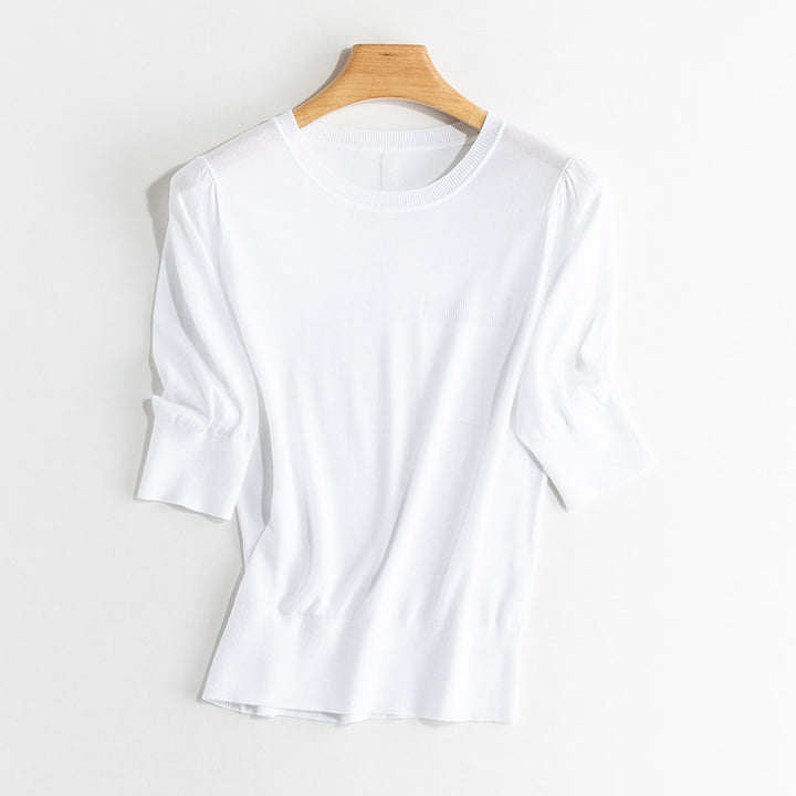 Women's fine knit top with 3/4 balloon sleeves, ribbed hem and chest piping Mune Fashion
