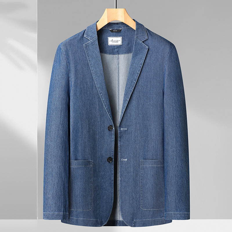 Men's Jeans Blazer in Casual-Elegant Style with Lapel Collar and Patch Pockets Mune Fashion