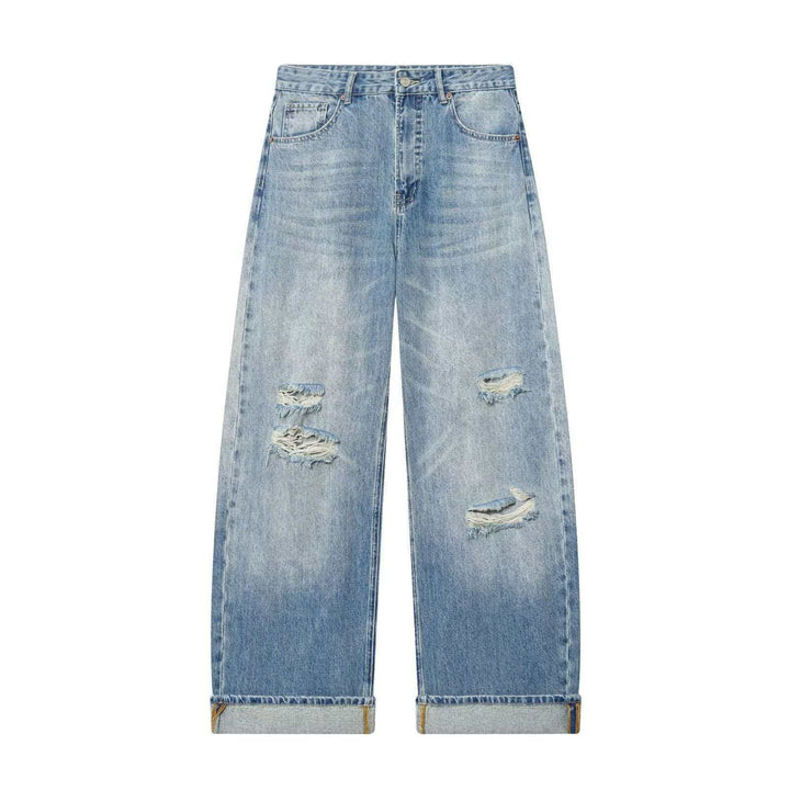 Women non-wide High-Waist Ripped Jeans with Straight-Leg, rolled hem and classic pockets Mune Fashion