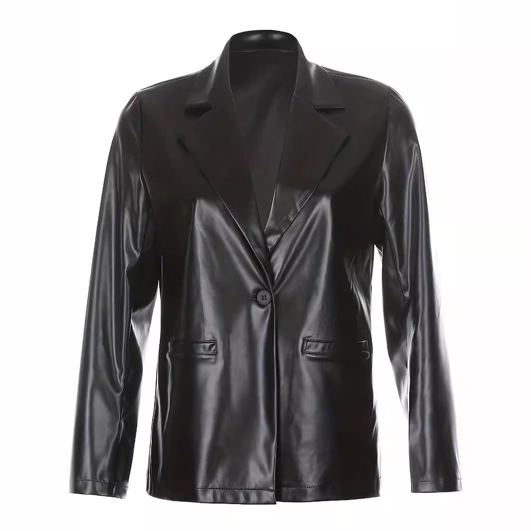 Women Oversized Blazer in Leather Look with Structured Shoulders Mune Fashion