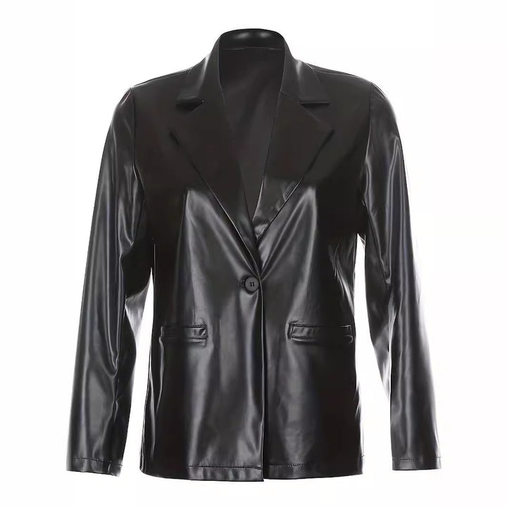 Women Oversized Blazer in Leather Look with Structured Shoulders Mune Fashion