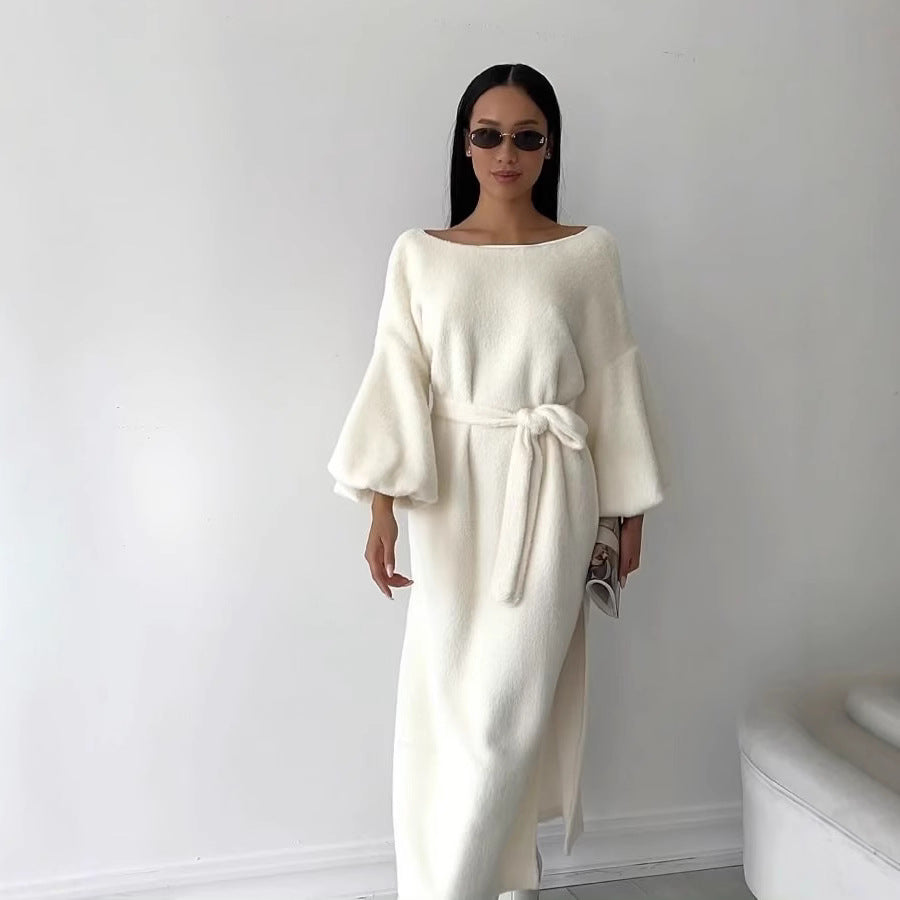 Women's Cozy Midi Dress with Tied Belt and Balloon Sleeves Mune Fashion