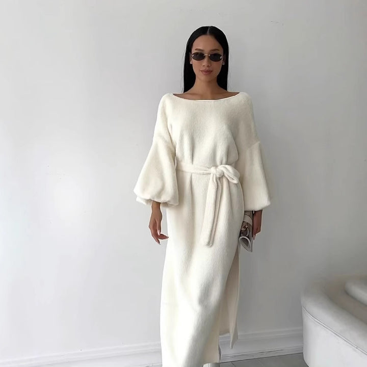 Women's Cozy Midi Dress with Tied Belt and Balloon Sleeves Mune Fashion