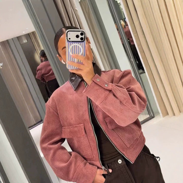 Women's Short Cord Jacket with Contrasting Leather Collar, Oversized Silhouette and Metal Zipper Mune Fashion