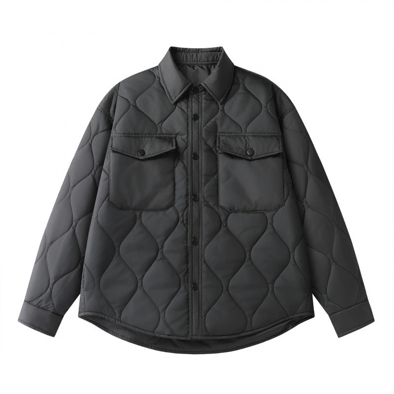 Unisex Padded Quilted Shirt Jacket with Flap Pockets and Curved Hem Mune Fashion