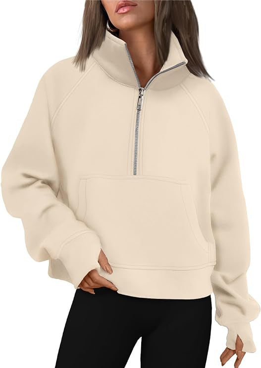 Women's cropped half-zip sweatshirt with high stand-up collar, kangaroo pocket, and drop shoulder Mune Fashion