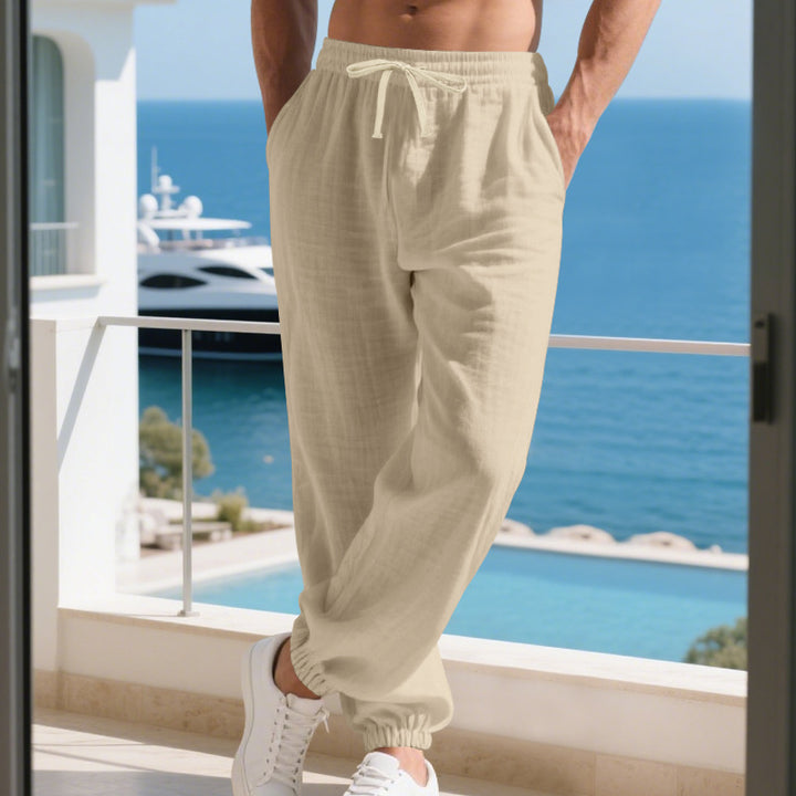 Men's lightweight linen-cotton lounge pants with elastic drawstring, side pockets, and elastic hems Mune Fashion