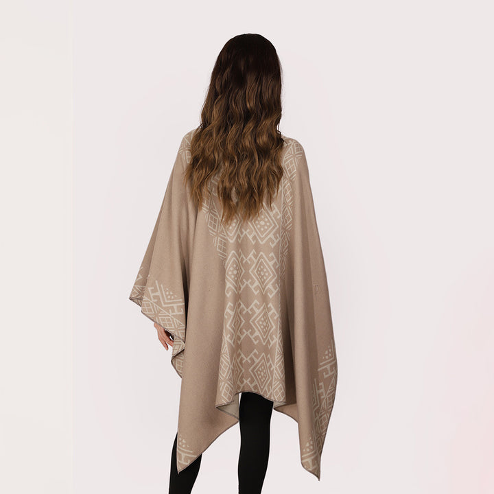 Women's Reversible Wool Blend Cape with Tie Loop and Fine Jacquard Pattern Mune Fashion