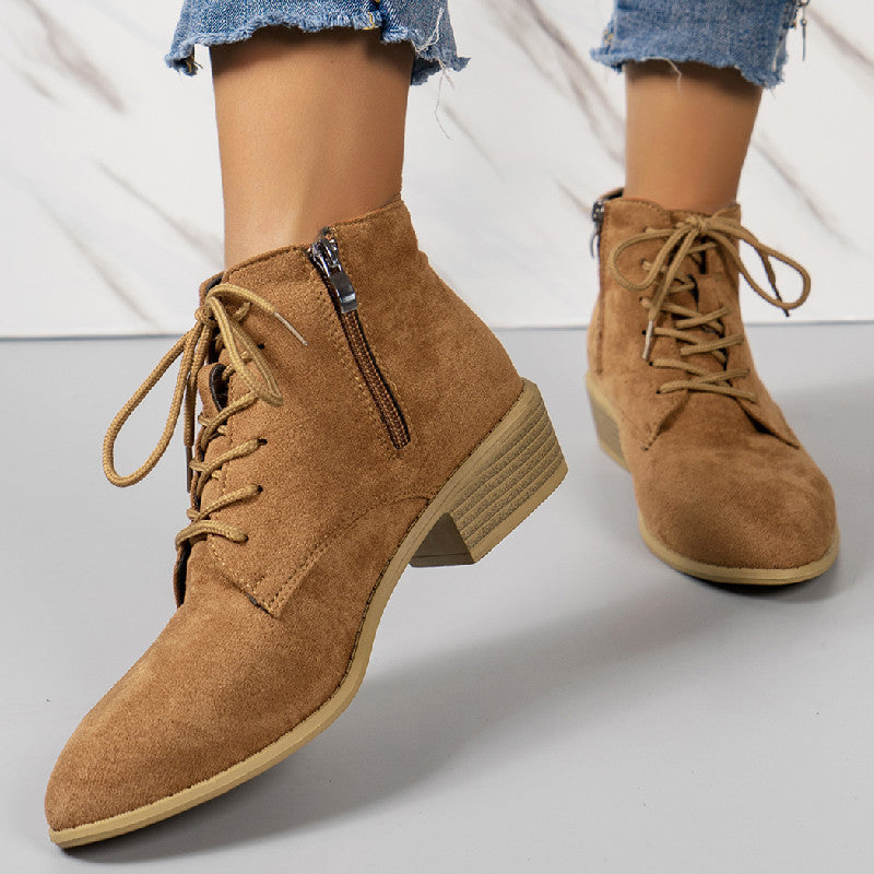 Ladies ankle-high lace-up ankle boots in suede look with side zipper and low block heel Mune Fashion