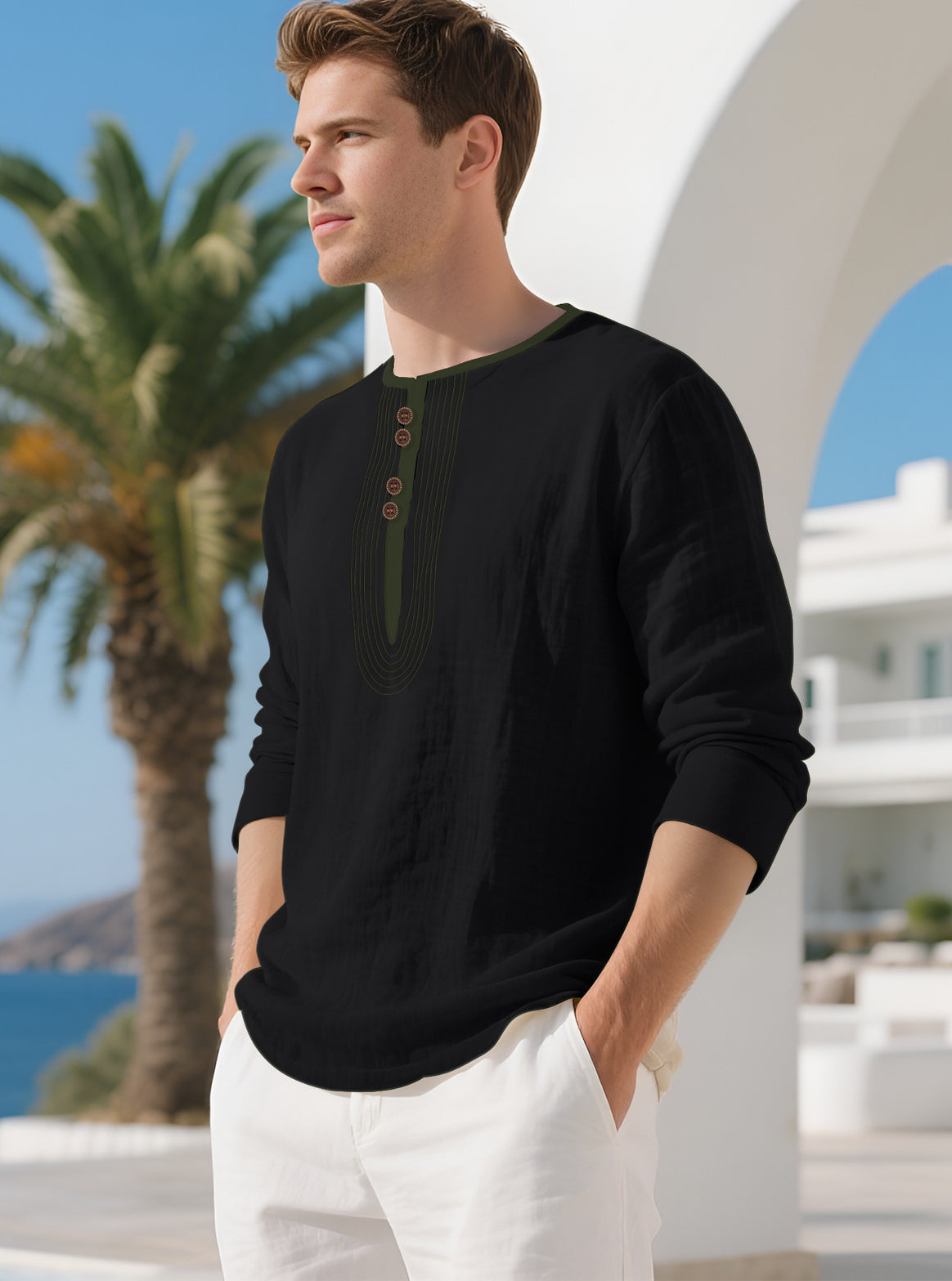Men's Casual Linen Blend Long Sleeve Shirt with Decorative Button Placket and Decorative Stitching Mune Fashion