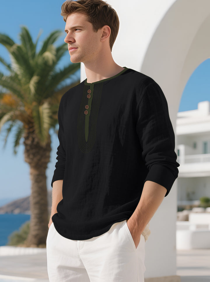 Men's Casual Linen Blend Long Sleeve Shirt with Decorative Button Placket and Decorative Stitching Mune Fashion