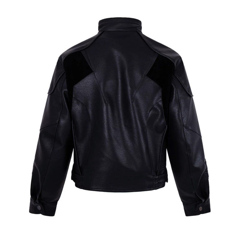 Men's biker jacket made of faux leather with stand-up collar, zipper pockets, and quilted elbow area Mune Fashion