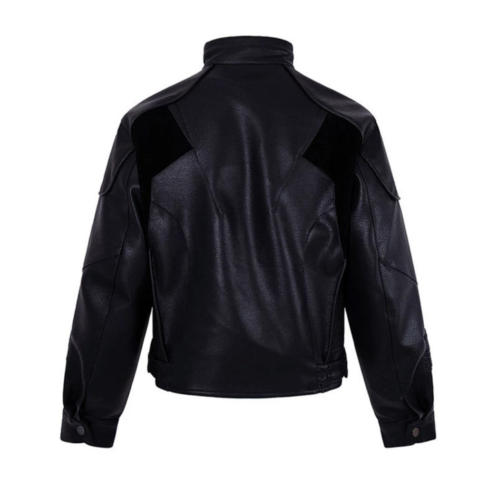 Men's biker jacket made of faux leather with stand-up collar, zipper pockets, and quilted elbow area Mune Fashion