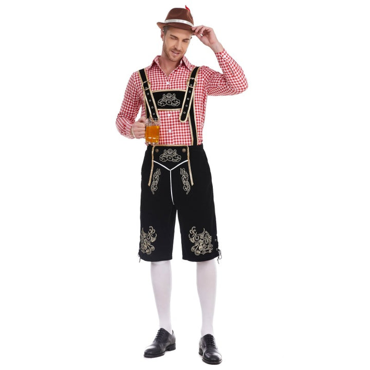 Men's faux-felt leather knee-length pants with baroque embroidery, adjustable straps, and decorative rivets Mune Fashion
