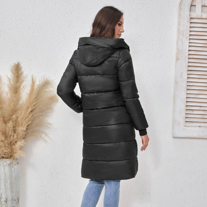 Women Long Puffer Coat with High Stand-Up Collar, Quilted Padding, and Elastic Cuffs Mune Fashion
