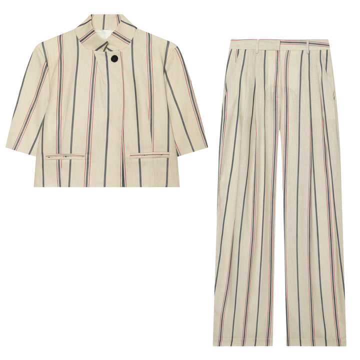 Women's loose linen trousers with pleats, high waistband and vertical stripes Mune Fashion