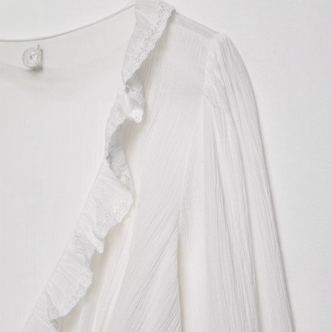 Women Romantic Lace Blouse with Deep V-Neck, Ruffles and Ties Mune Fashion