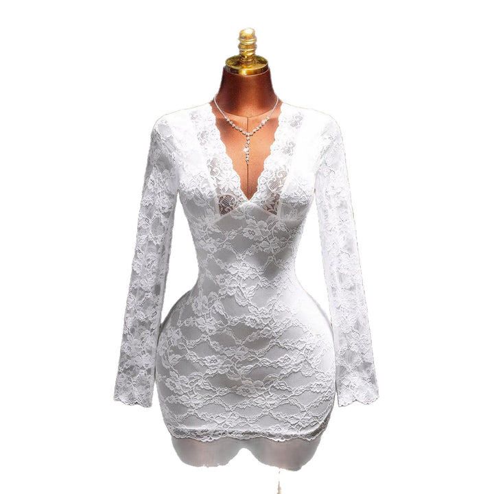 Women nan short lace sheath dress with integrated corset and deep V-neck Mune Fashion