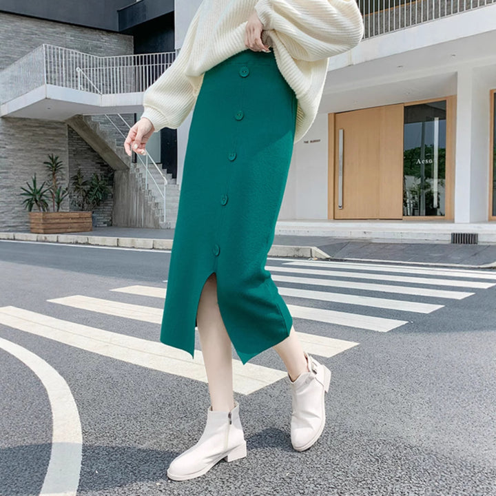 Ladies Elegant Maxi Skirt with Button Details and Slit Mune Fashion