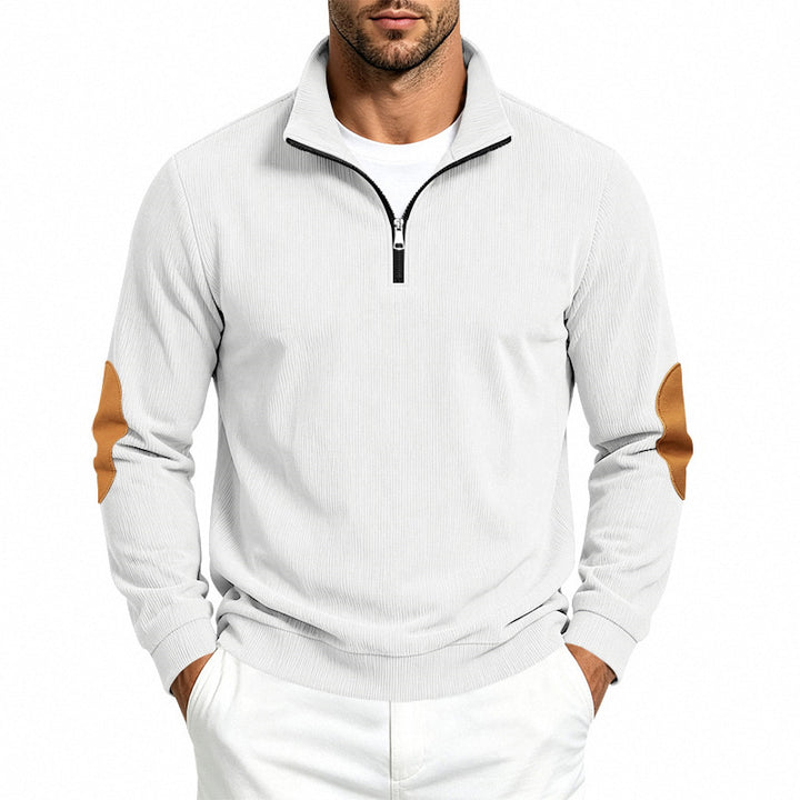 Men's fine knit half-zip sweater with cord structure and contrast elbow patches Mune Fashion