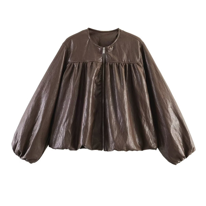 Women's short jacket in flounce style with gathered yoke, continuous zipper and wide balloon sleeves Mune Fashion