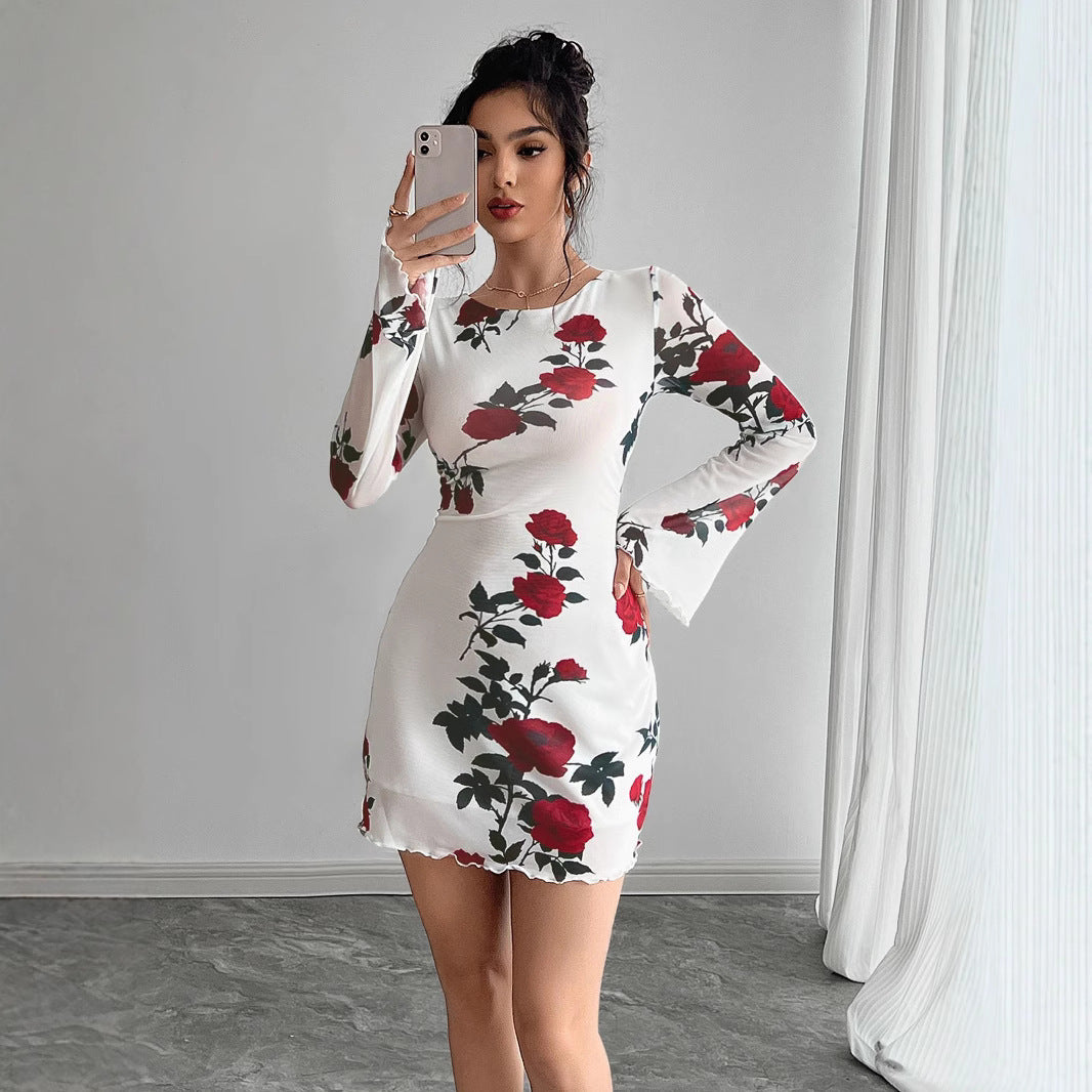 Women's figure-hugging mini dress with rose pattern and trumpet sleeves Mune Fashion