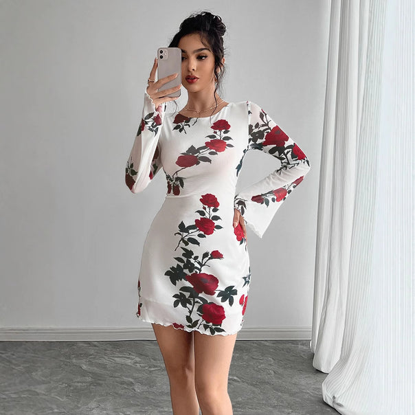 Women's figure-hugging mini dress with rose pattern and trumpet sleeves Mune Fashion