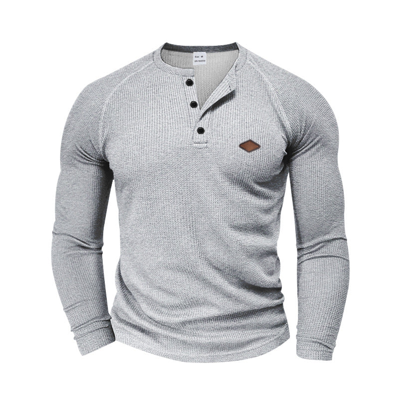 Men's structured waffle Henley shirt with short button placket, raglan sleeves, and leather patch Mune Fashion