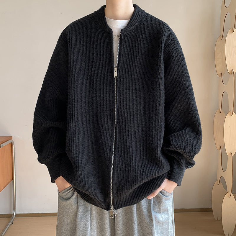 Unisex Oversize Ribbed Knit Cardigan with Two-Way Zipper and Minimal Stand Collar Mune Fashion