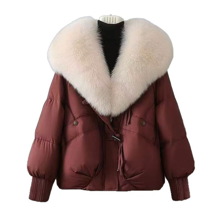 Women's short padded jacket with luxurious faux fur collar and tailored drawstring Mune Fashion