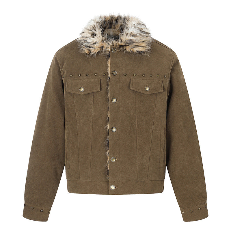 Men's suede trucker jacket with faux fur collar, stud embellishments and snap button closure Mune Fashion