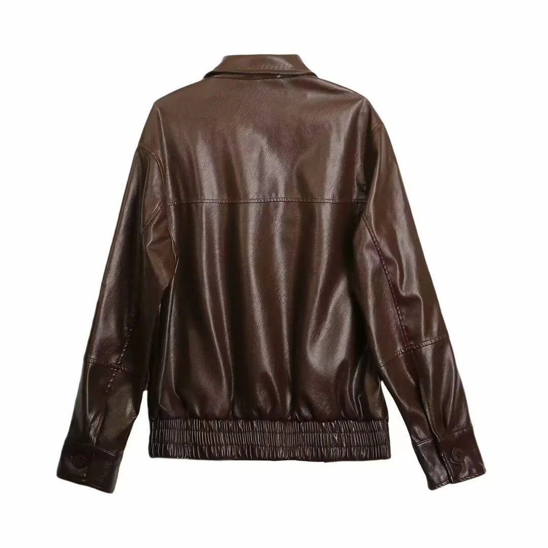 Women nan oversized smooth leather look blouson with shirt collar, all-over zipper and elastic waistband Mune Fashion