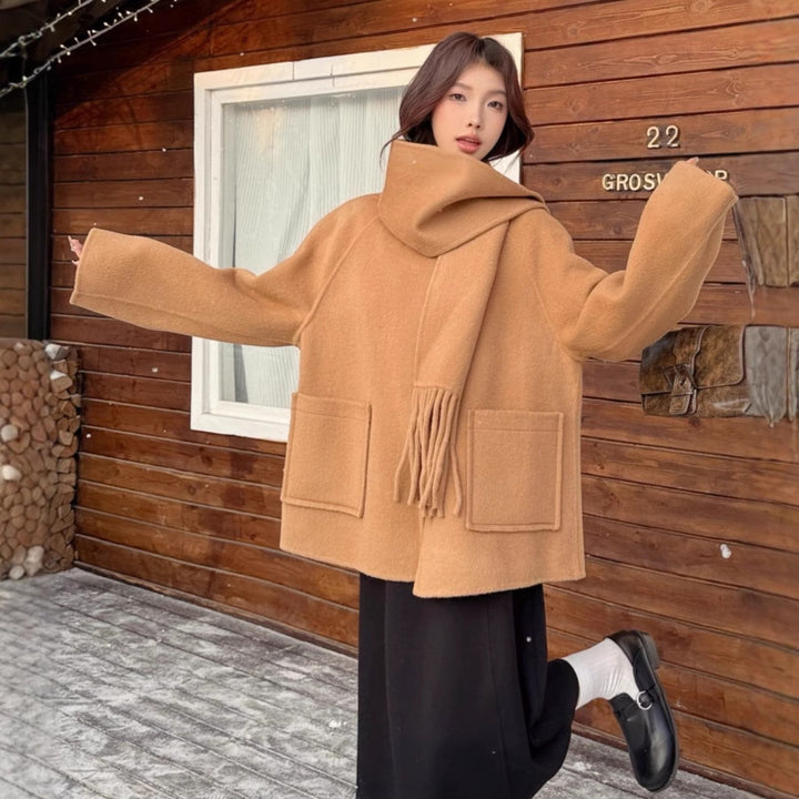 Women Oversize Wool Coat with Voluminous Shawl Collar and Fringes Mune Fashion