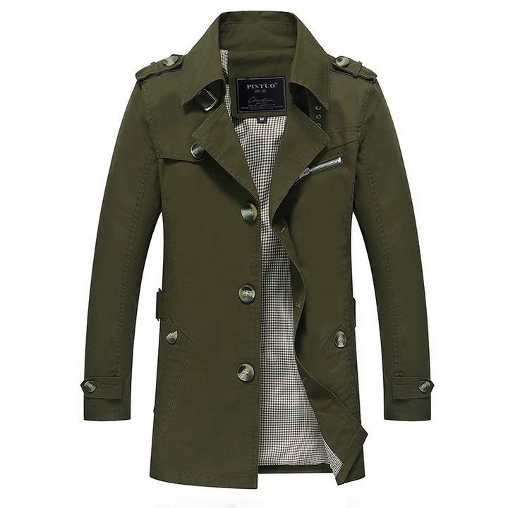 Men's trench coat in field style with stand-up collar, shoulder epaulettes, and checked inner lining Mune Fashion