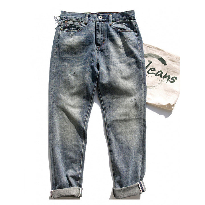 Men's Relaxed-Tapered Vintage Jeans with Used Effect and Cuffed Hem Mune Fashion