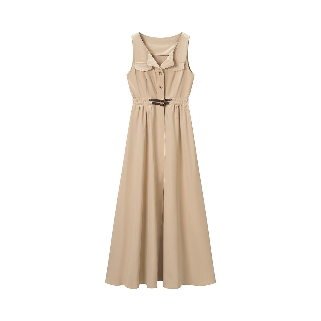 Women's sleeveless shirt dress with wide A-line skirt and decorative belt Mune Fashion