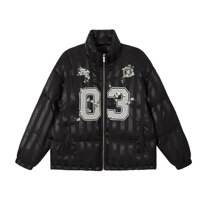 Women's Boxy Quilted Satin Puffer Jacket with Floral Embroidery Detail Mune Fashion