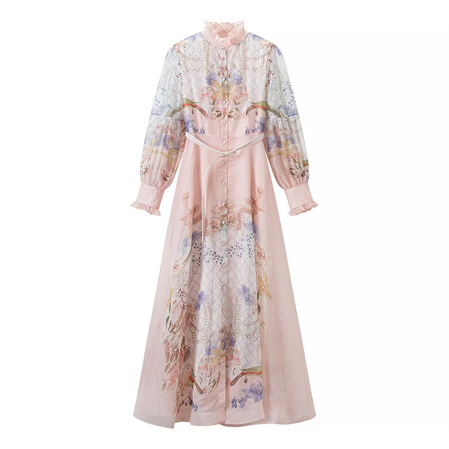 Women’s maxi dress with ruffled collar, transparent chiffon overlay, and fitted button placket Mune Fashion