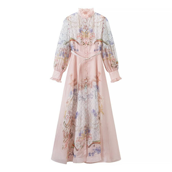 Women’s maxi dress with ruffled collar, transparent chiffon overlay, and fitted button placket Mune Fashion