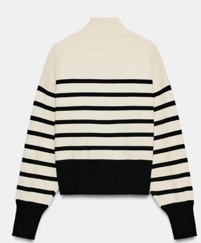 Women Striped Cropped Knit Sweater with Stand-up Collar and Voluminous Balloon Sleeves Mune Fashion