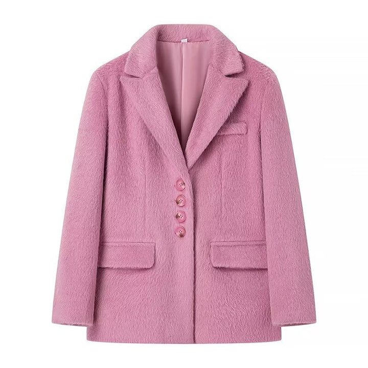 Women's tailored short coat-blazer in teddy look with lapel collar and patch pockets Mune Fashion