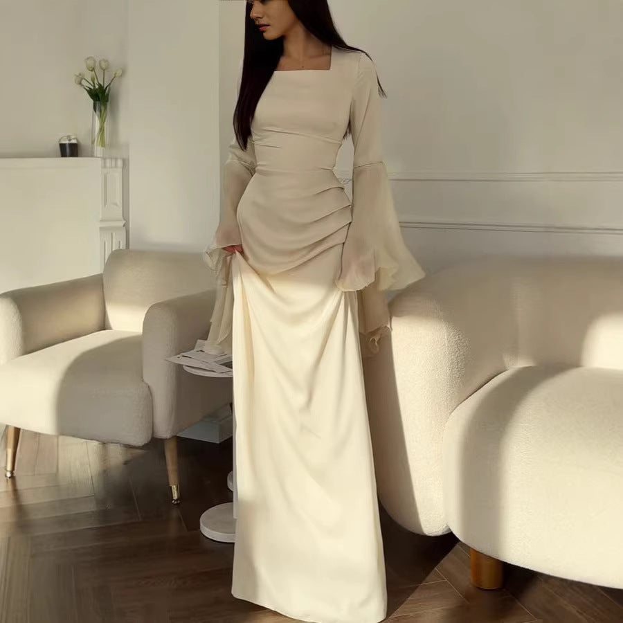 Women evening dress with square neckline, transparent bell sleeves and draped waist section Drune