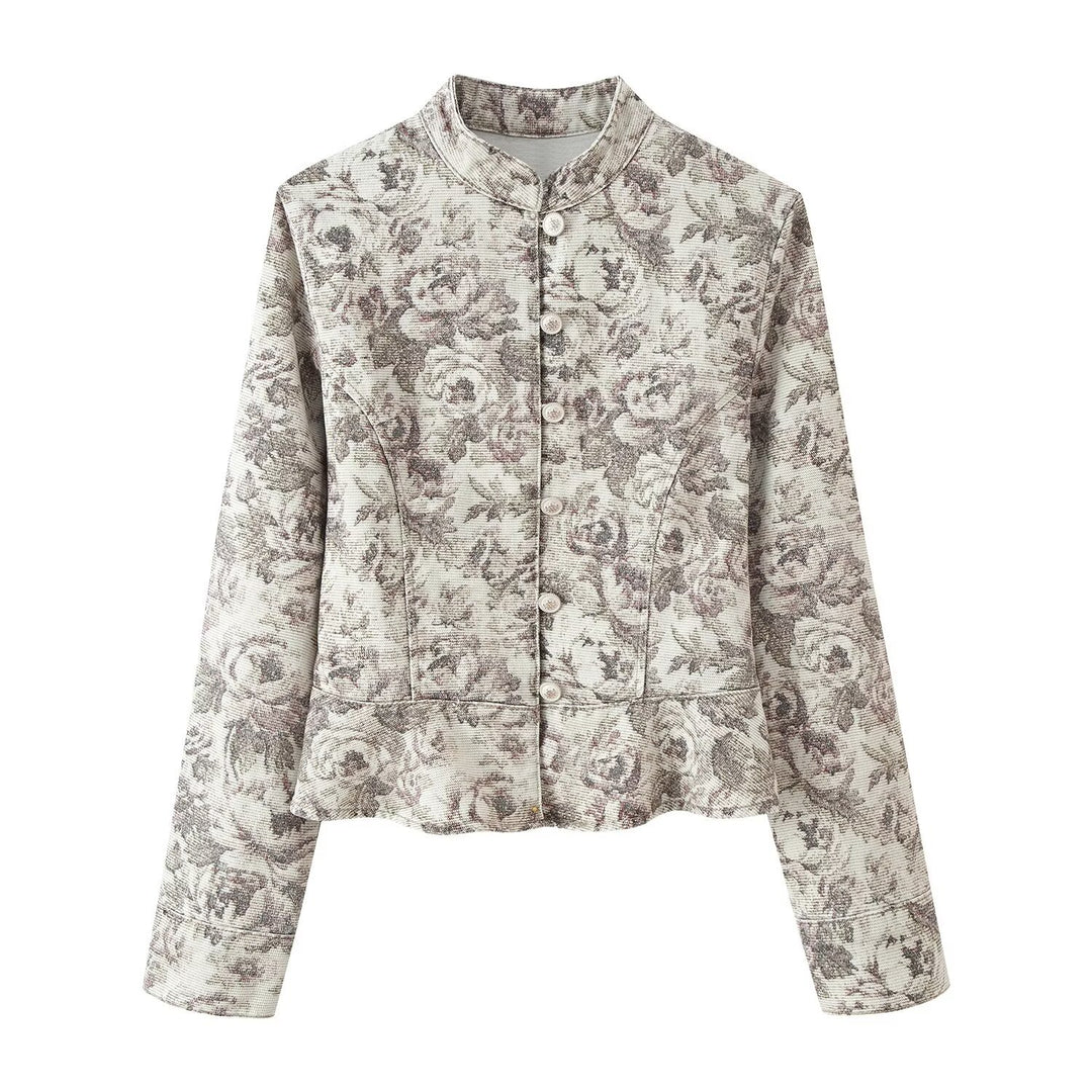 Women's Tailored Jacquard Jacket with Stand-up Collar and Peplum