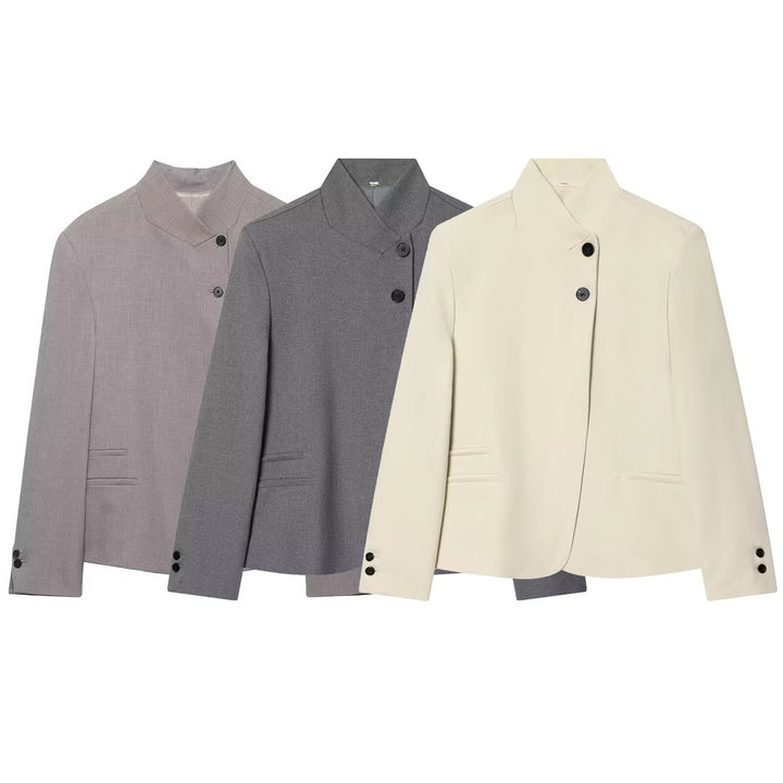 Women's Short Blazer with Stand Collar and Asymmetric Two-Button Closure Mune Fashion