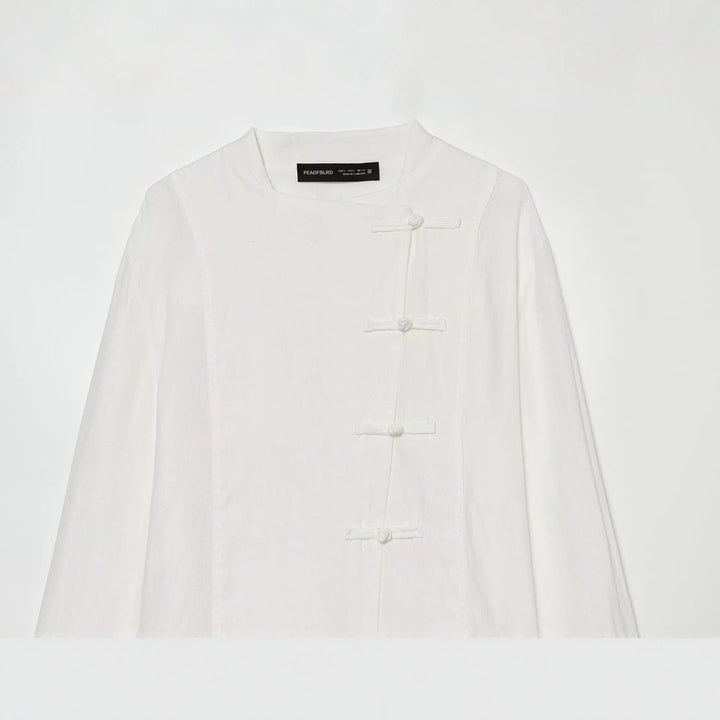 Women's Oversize Linen Blouse with Stand-up Collar and Chinese Knot Buttons Mune Fashion
