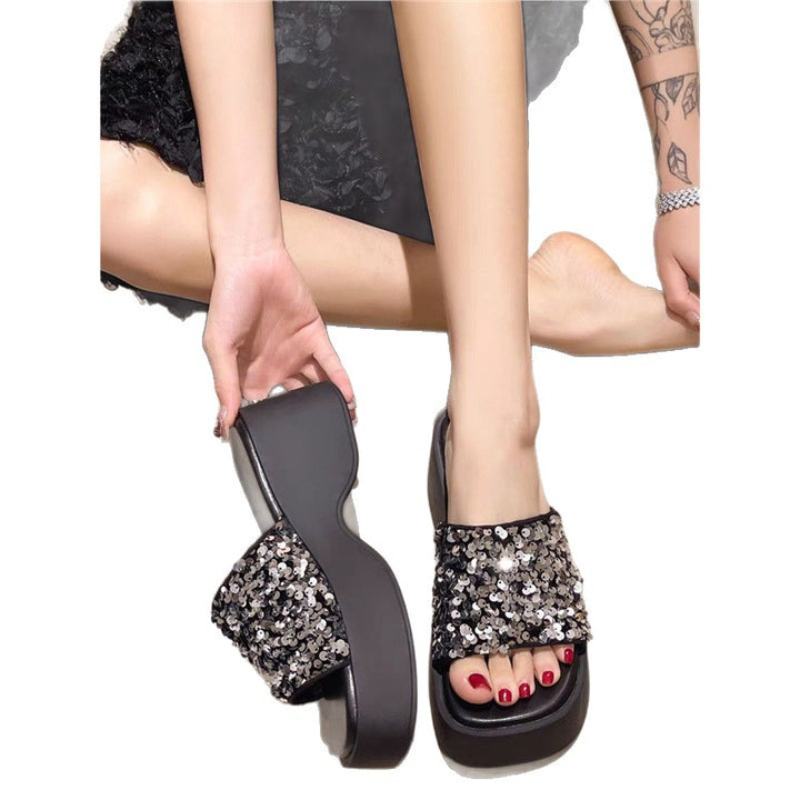 Women's Platform Mules with Sparkling Sequin Upper and Ergonomic Wedge Sole Mune Fashion